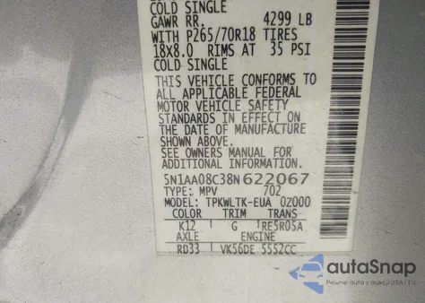 2008 Nissan Armada Se from USA, damaged, VIN 5N1AA08C38N622067